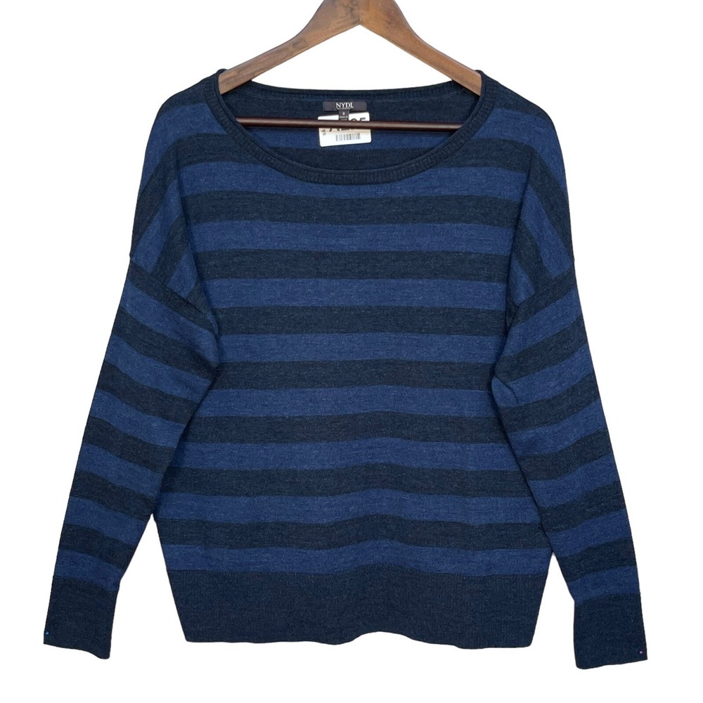 NYDJ Striped Sweater Womens S Blue Boat Neck Drop Shoulder Slit Hem Excellent